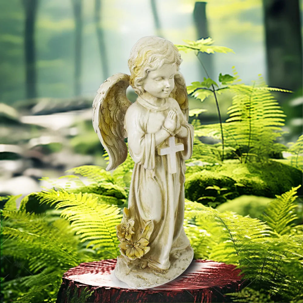 Solar Garden Decor Outdoor Statue, Solar Angel Statues Outside Garden, Solar Resin Prayer Angel with Flower Ornament Light