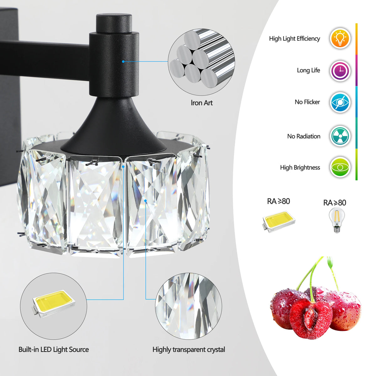 Modern 4-Light Matte Black LED Vanity Light Fixture with Crystal Glass Shades, Bathroom Wall Sconce for Contemporary Home Decor