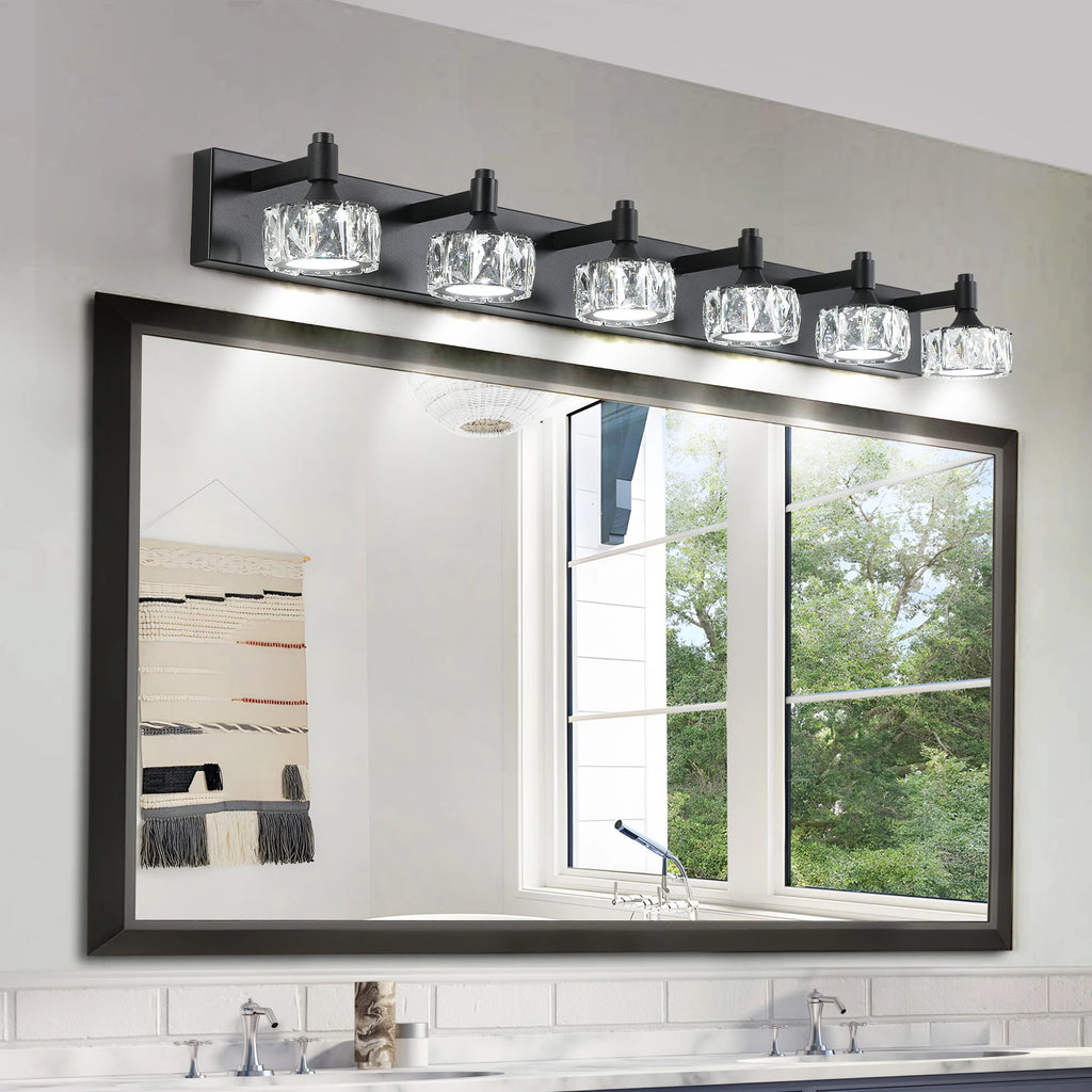Modern 6-Light Matte Black LED Vanity Light Fixture with Crystal Glass Shades, Bathroom Wall Sconce for Contemporary Home Decor
