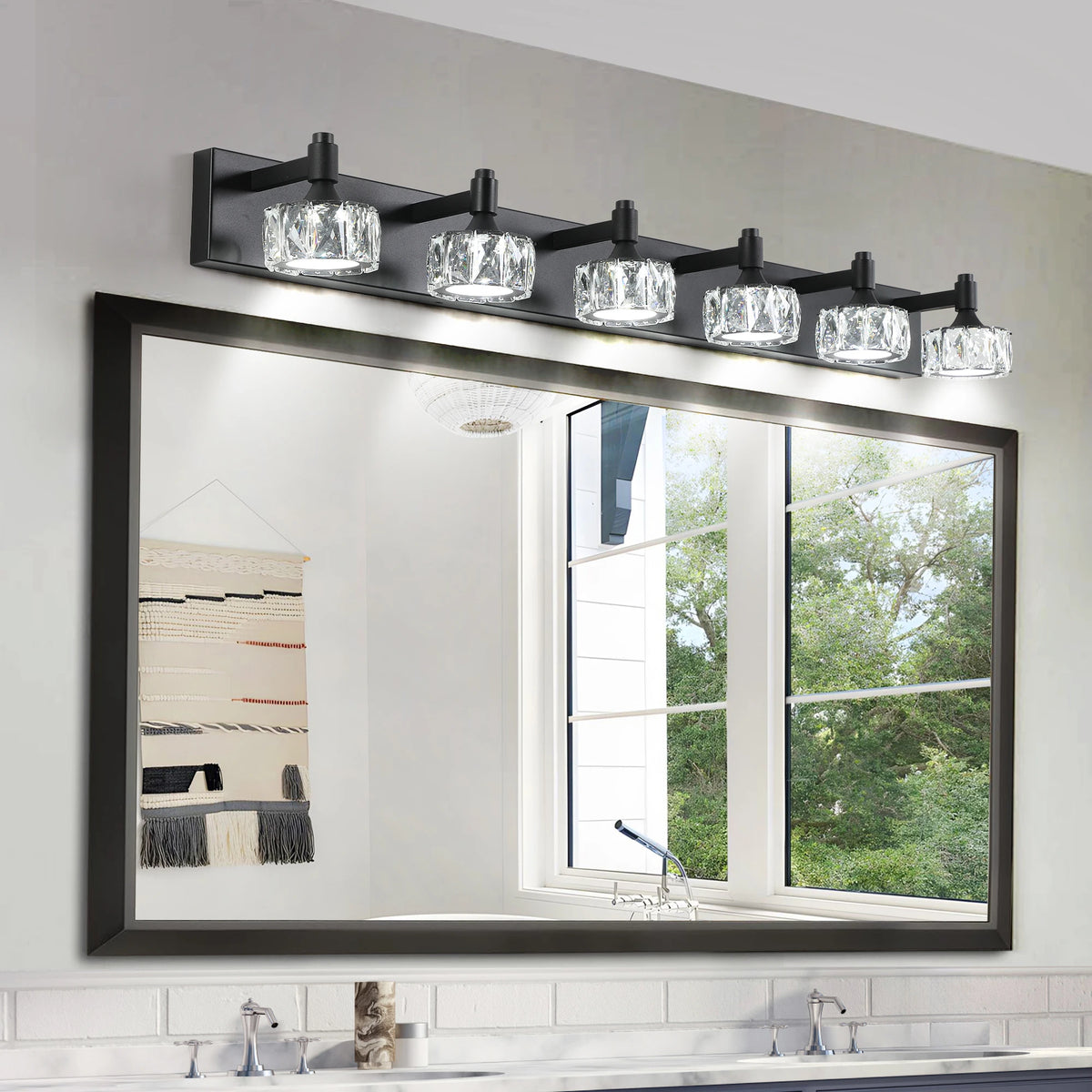 Modern 6-Light Matte Black LED Vanity Light Fixture with Crystal Glass Shades, Bathroom Wall Sconce for Contemporary Home Decor