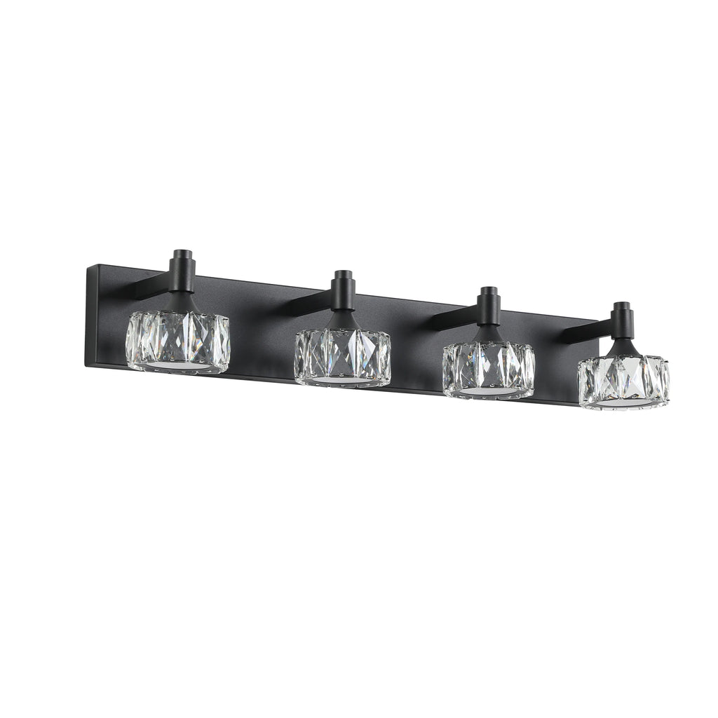 Modern 4-Light Matte Black LED Vanity Light Fixture with Crystal Glass Shades, Bathroom Wall Sconce for Contemporary Home Decor