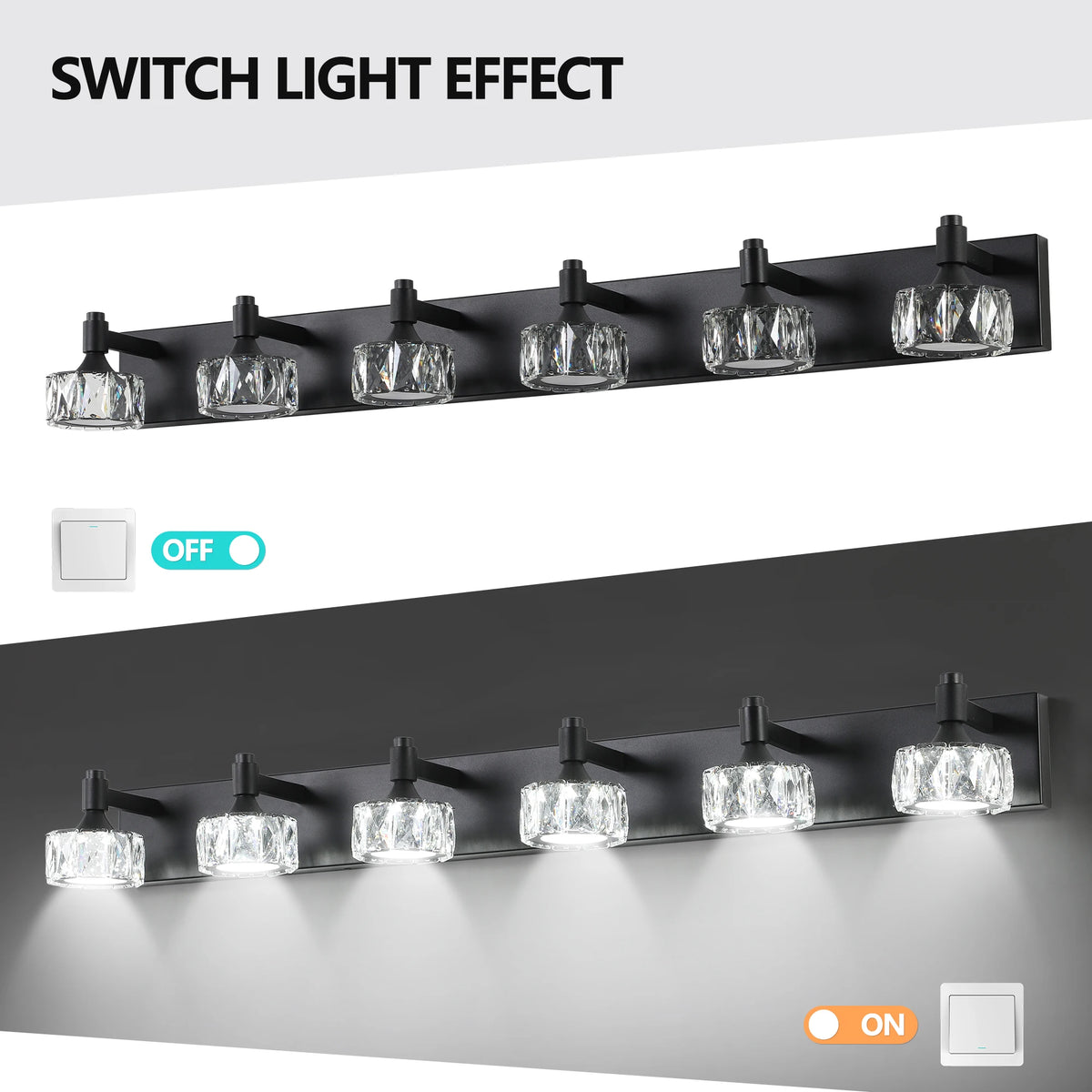 Modern 6-Light Matte Black LED Vanity Light Fixture with Crystal Glass Shades, Bathroom Wall Sconce for Contemporary Home Decor