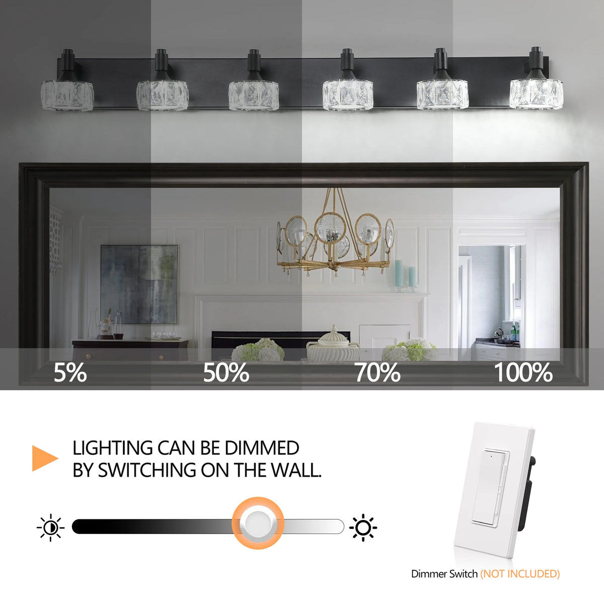 Modern 6-Light Matte Black LED Vanity Light Fixture with Crystal Glass Shades, Bathroom Wall Sconce for Contemporary Home Decor