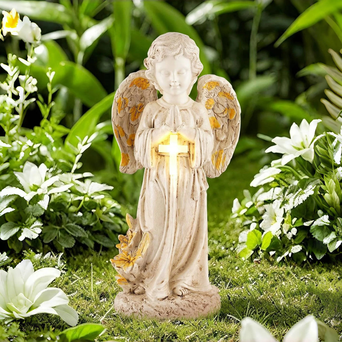 Solar Garden Decor Outdoor Statue, Solar Angel Statues Outside Garden, Solar Resin Prayer Angel with Flower Ornament Light