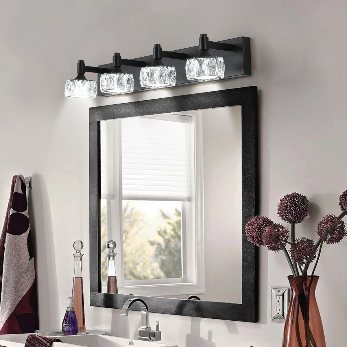 Modern 4-Light Matte Black LED Vanity Light Fixture with Crystal Glass Shades, Bathroom Wall Sconce for Contemporary Home Decor