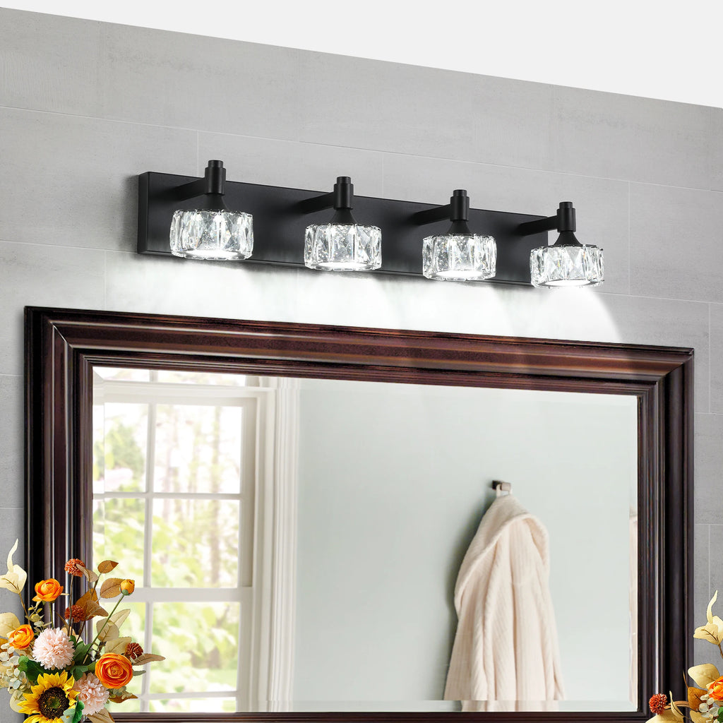Modern 4-Light Matte Black LED Vanity Light Fixture with Crystal Glass Shades, Bathroom Wall Sconce for Contemporary Home Decor
