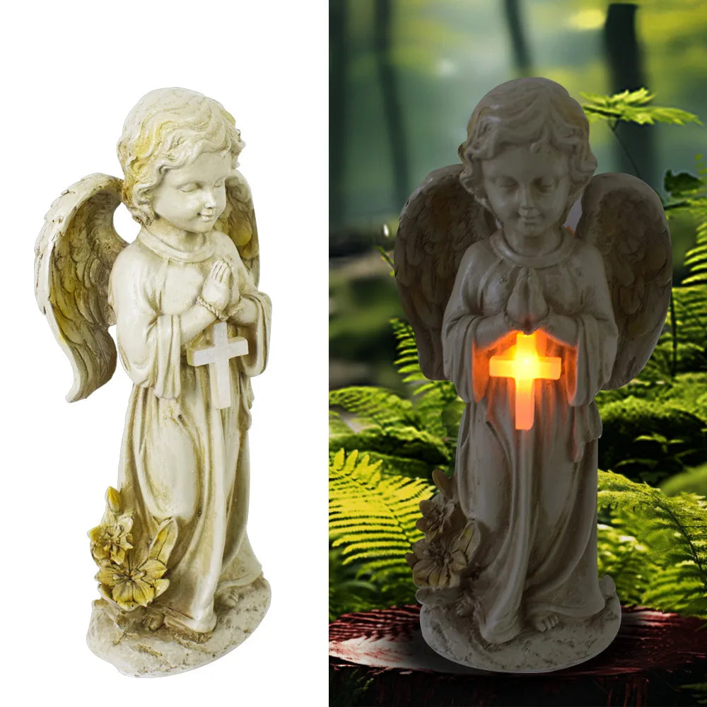 Solar Garden Decor Outdoor Statue, Solar Angel Statues Outside Garden, Solar Resin Prayer Angel with Flower Ornament Light