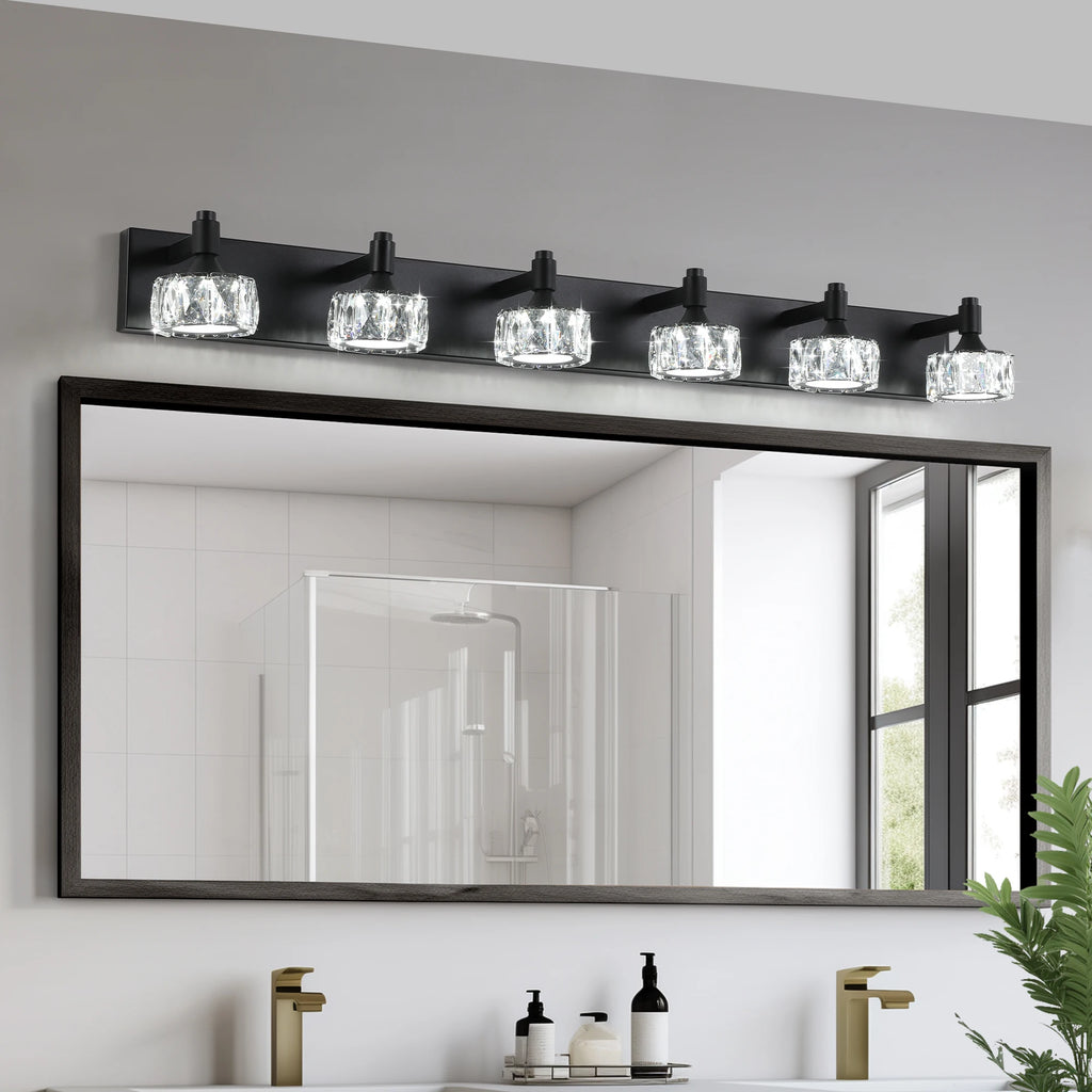 Modern 6-Light Matte Black LED Vanity Light Fixture with Crystal Glass Shades, Bathroom Wall Sconce for Contemporary Home Decor