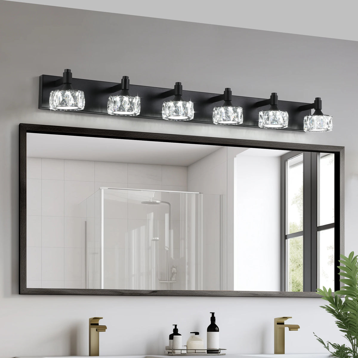 Modern 6-Light Matte Black LED Vanity Light Fixture with Crystal Glass Shades, Bathroom Wall Sconce for Contemporary Home Decor