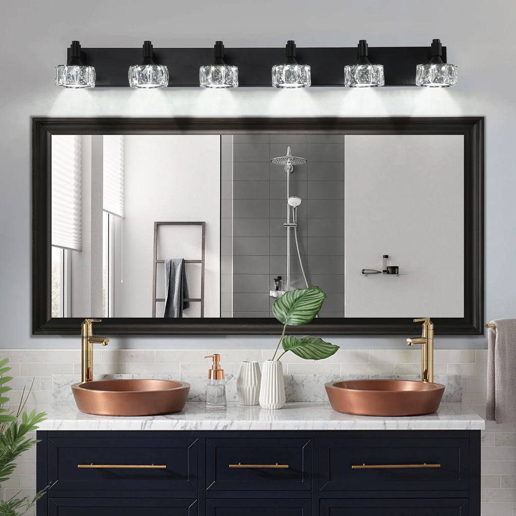 Modern 6-Light Matte Black LED Vanity Light Fixture with Crystal Glass Shades, Bathroom Wall Sconce for Contemporary Home Decor
