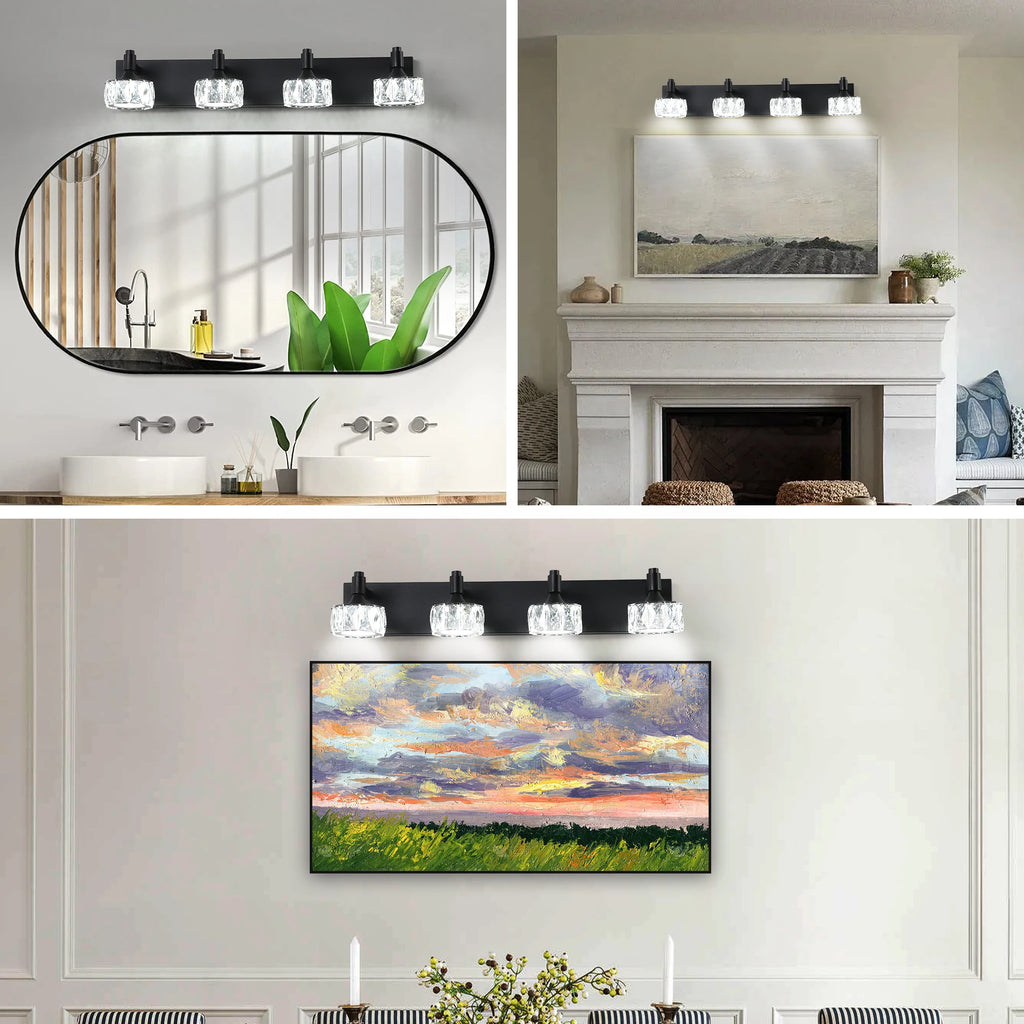 Modern 4-Light Matte Black LED Vanity Light Fixture with Crystal Glass Shades, Bathroom Wall Sconce for Contemporary Home Decor