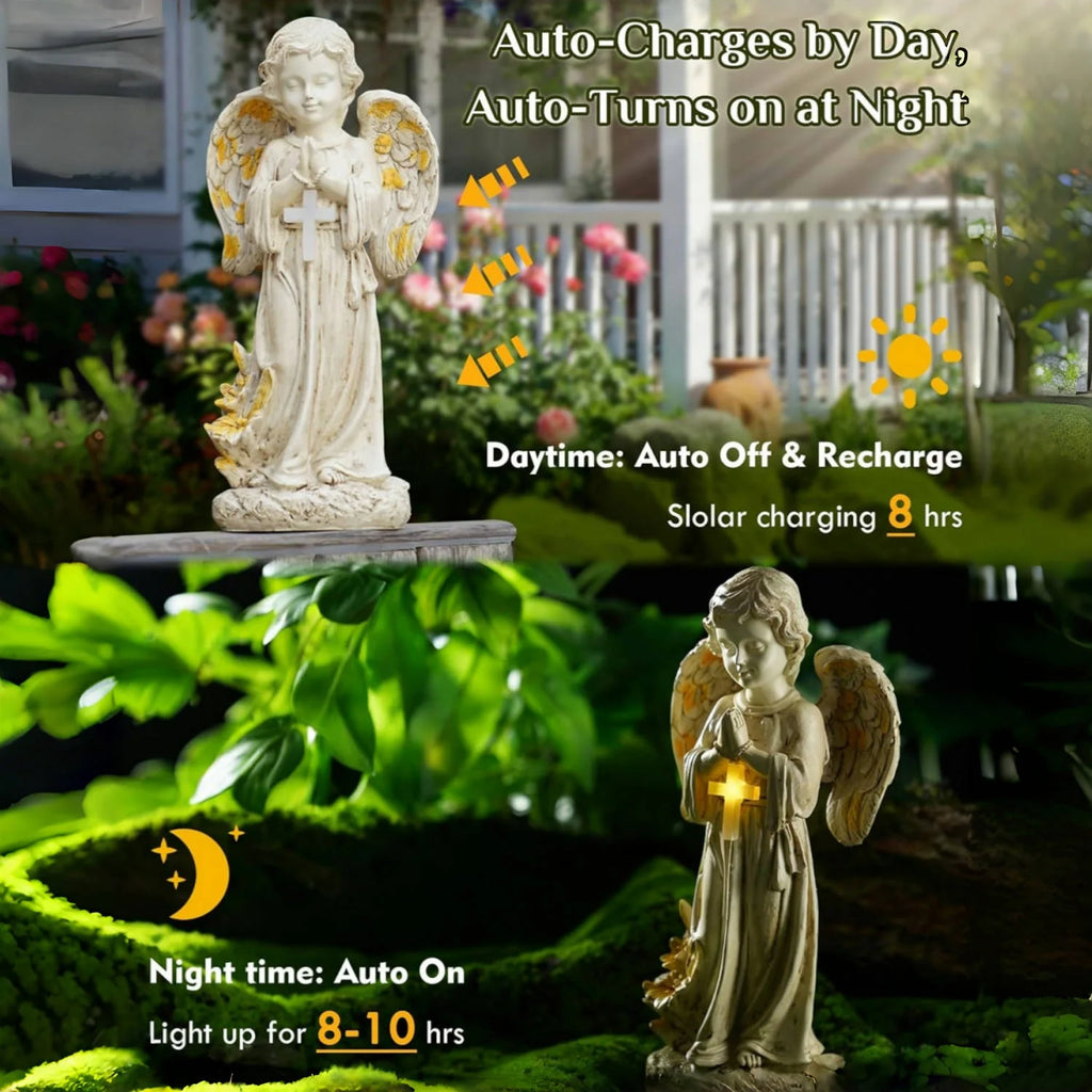 Solar Garden Decor Outdoor Statue, Solar Angel Statues Outside Garden, Solar Resin Prayer Angel with Flower Ornament Light