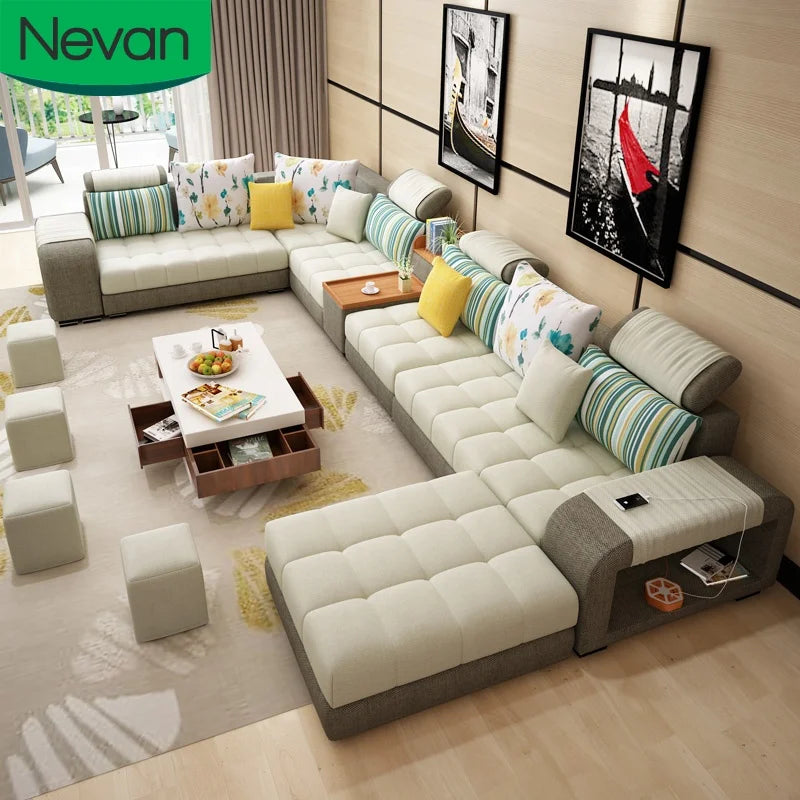 Home Furniture Popular Modern U Shape Sectional Corner Customized  Linen Flannel Fabric Cheap Guangzhou Sofa Set for Living Room