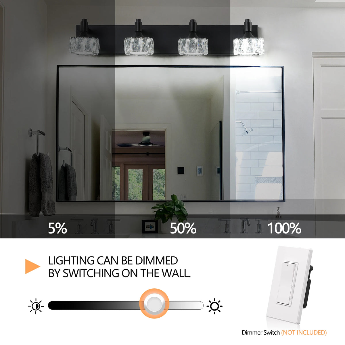 Modern 4-Light Matte Black LED Vanity Light Fixture with Crystal Glass Shades, Bathroom Wall Sconce for Contemporary Home Decor