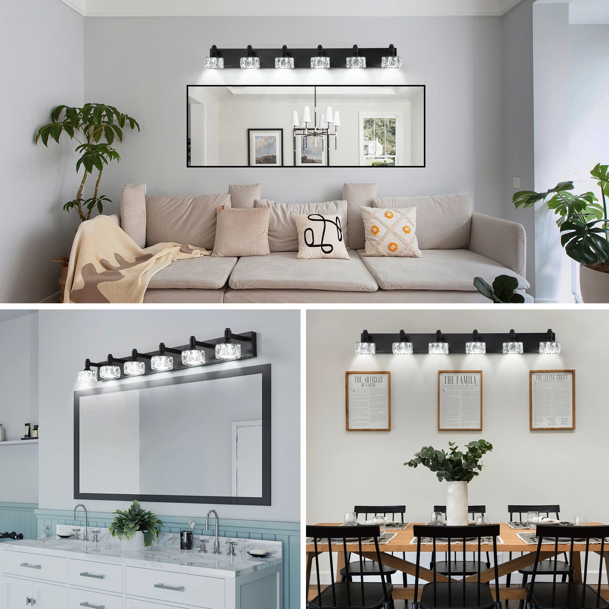 Modern 6-Light Matte Black LED Vanity Light Fixture with Crystal Glass Shades, Bathroom Wall Sconce for Contemporary Home Decor