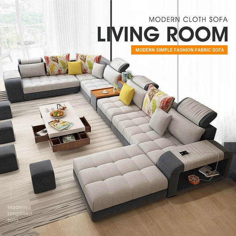 Home Furniture Popular Modern U Shape Sectional Corner Customized  Linen Flannel Fabric Cheap Guangzhou Sofa Set for Living Room